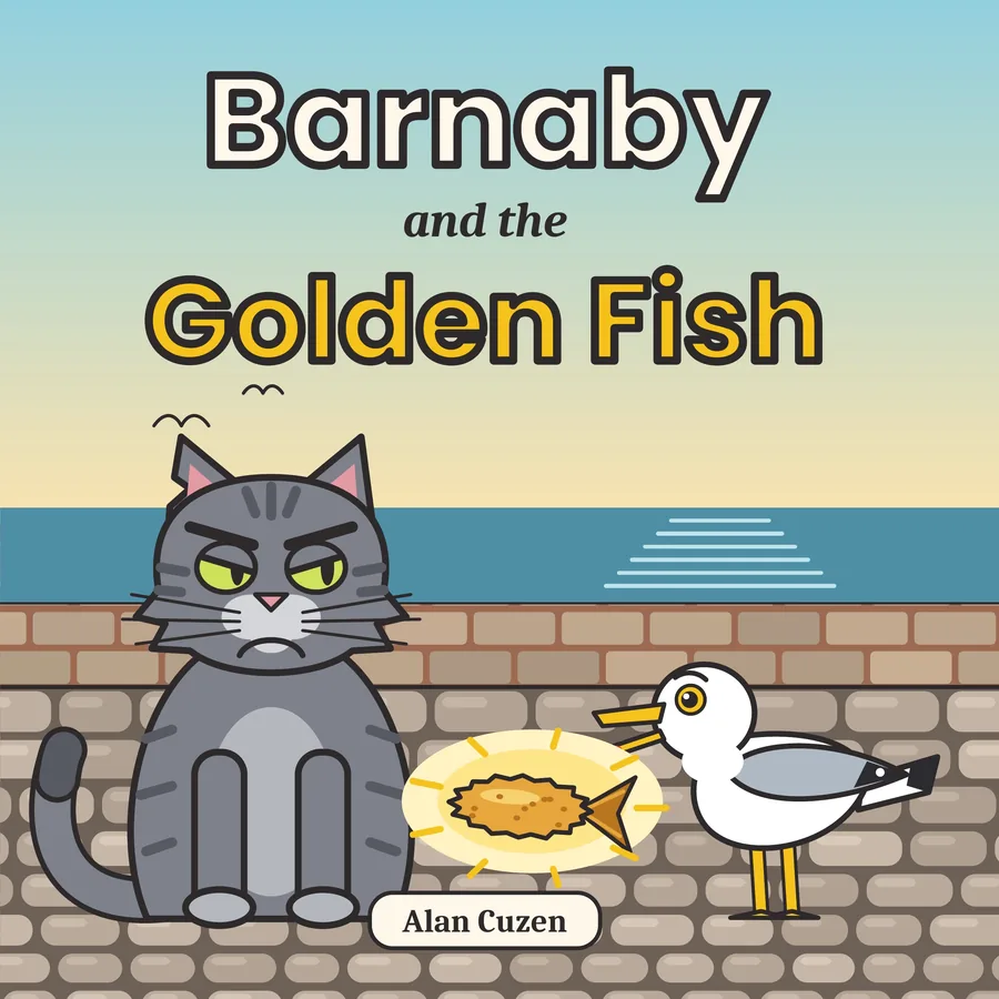 Cover of Barnaby and the Golden Fish: a grumpy grey cat, a seagull and a glowing fried fish tail