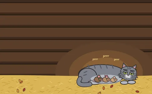 Barnaby curled up asleep in a straw-lined den with three little mice snuggled against him