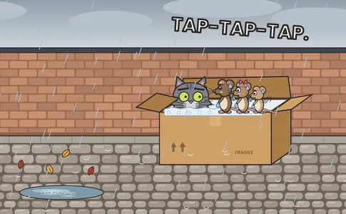Three wet mice on the rim of a cardboard box in the rain, with Barnaby peeking out