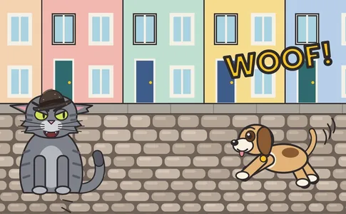 Barnaby in a bowler hat glaring at a bouncy puppy on a street of colourful houses