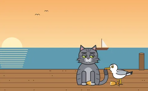 Barnaby and Pip sharing a fish tail on a wooden dock at sunset