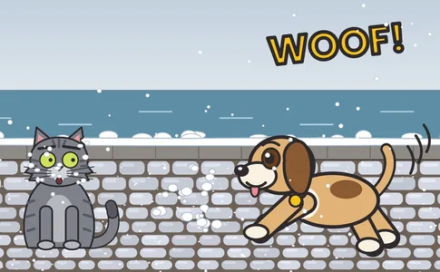 A big friendly dog bounding through the snow towards a startled Barnaby by the frozen harbour