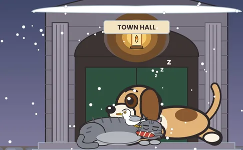 Barnaby, Pip and the big dog curled up asleep in the town hall doorway on a snowy night